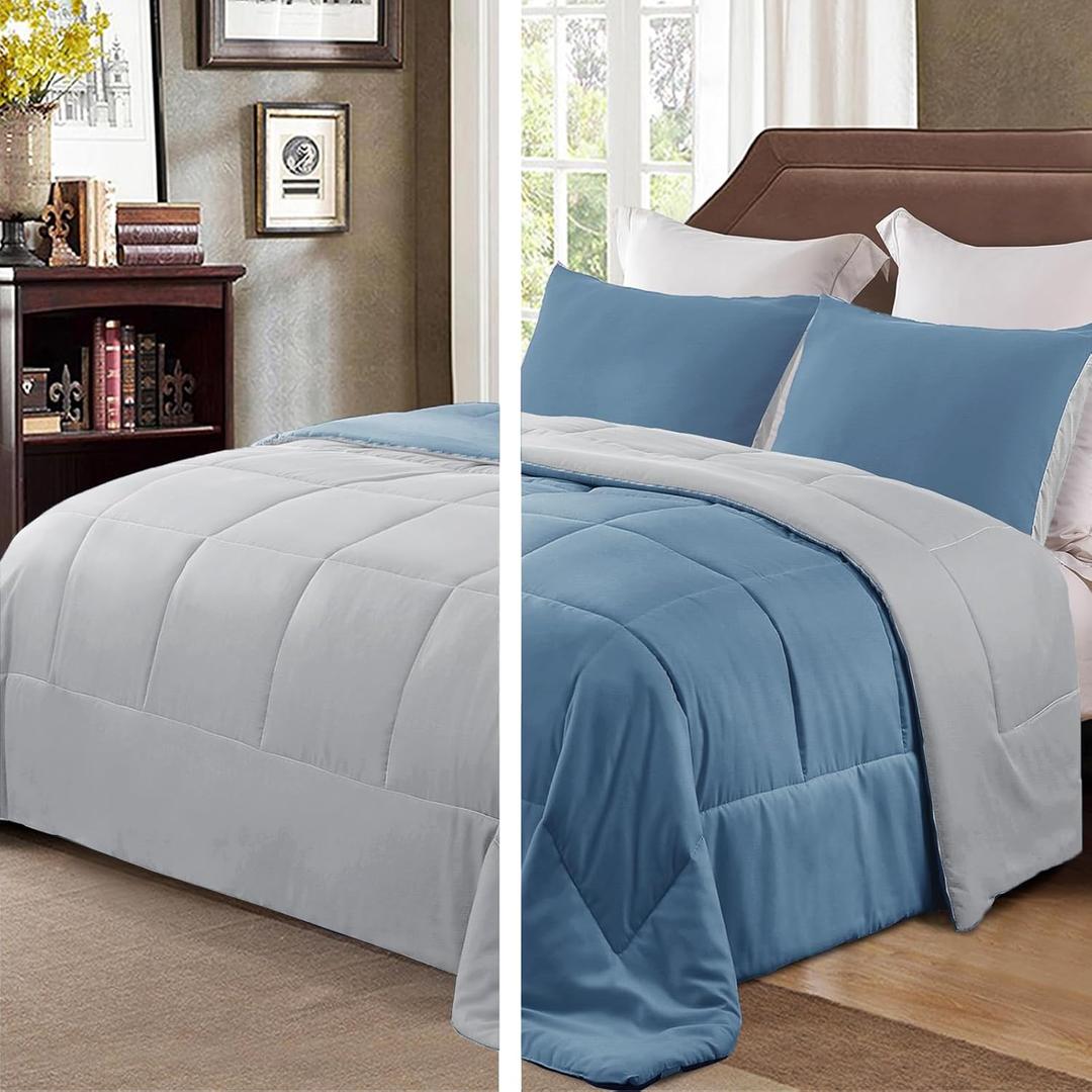 Exclusivo Mezcla Lightweight Reversible Twin Size Comforter Set, Down Alternative Comforter with 1 Pillow Sham, Twin Size Bedding Set for All Seasons, Bluish Grey