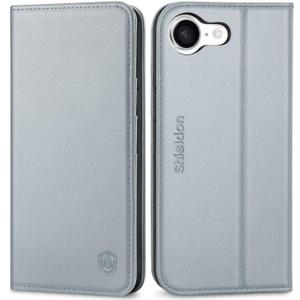 SHIELDON Wallet Case for iPhone 16e 2025, Genuine Leather Folio Case with Kickstand, RFID Blocking Card Holder, Magnetic Shockproof Phone Cover, Compatible with iPhone 16e 5G 6.1" - Gray