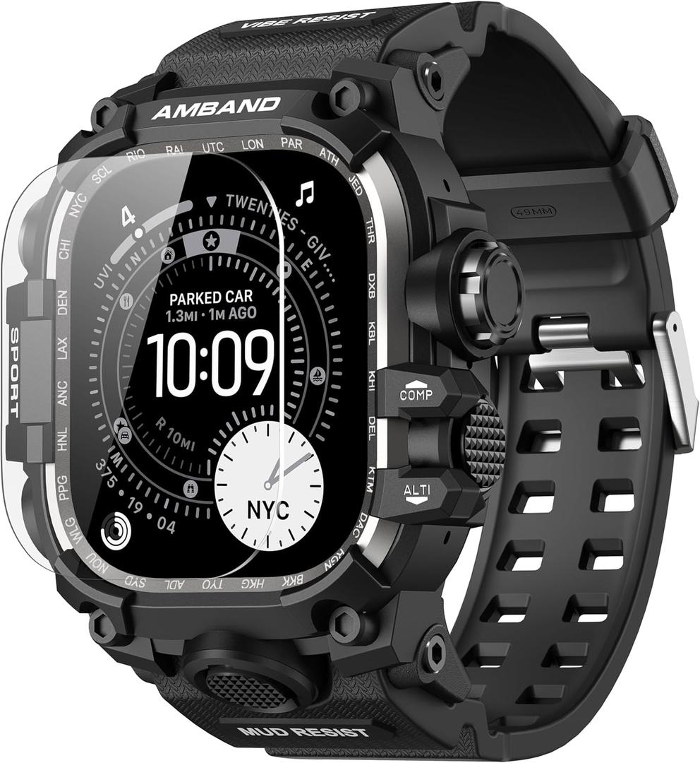 amBand Rugged Case with Band for Apple Watch Ultra 3/2/1 49mm, M3 Military Grade Shockproof Cover, Includes Screen Protector Kit, Tactical Band for Men - Compatible with iWatch Ultra, Matte Black