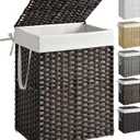 SONGMICS Laundry Hamper with Lid, 23.8 Gallon (90 L) Synthetic Rattan Clothes Laundry Basket with Lid and Handles, Foldable, Removable Liner, Chestnut Brown ULCB051K02