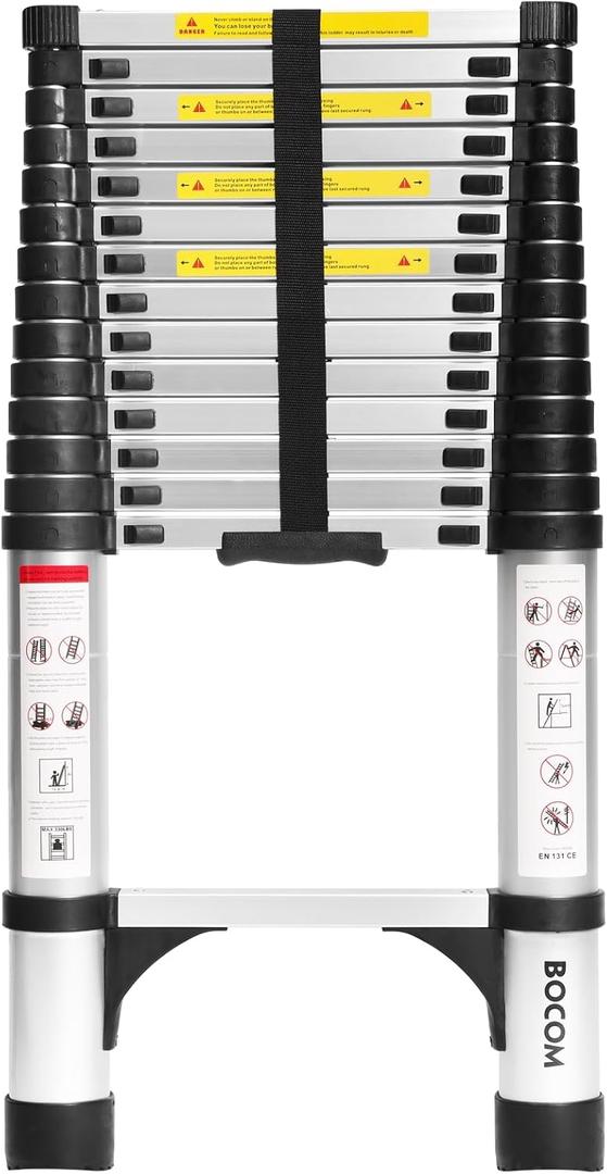 BOCOM 14.5 FT Aluminum Telescoping Ladder, Lightweight Multi-Purpose Collapsible Extension with 2 Triangle Stabilizers, Heavy Duty 330 lbs Max Capacity, Ideal for Home, RV, and Outdoor Work Silver