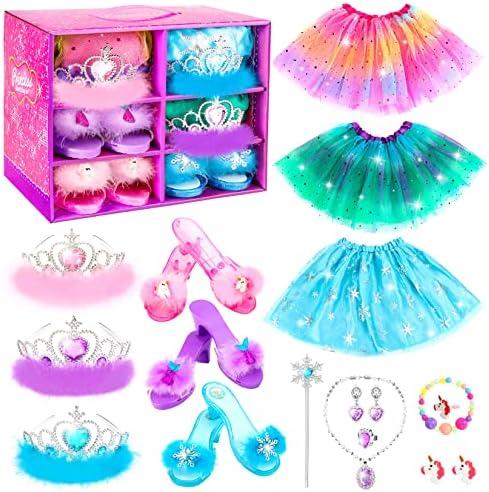 Princess Dress Up Shoes Set, Girls Dress Up Toys Toddler Jewelry Boutique Kit, 3 Themes of Unicorn Mermaid Ice Princess Costumes Set, Pretend Play Gifts for Little Girls Aged 3-6 Years Old