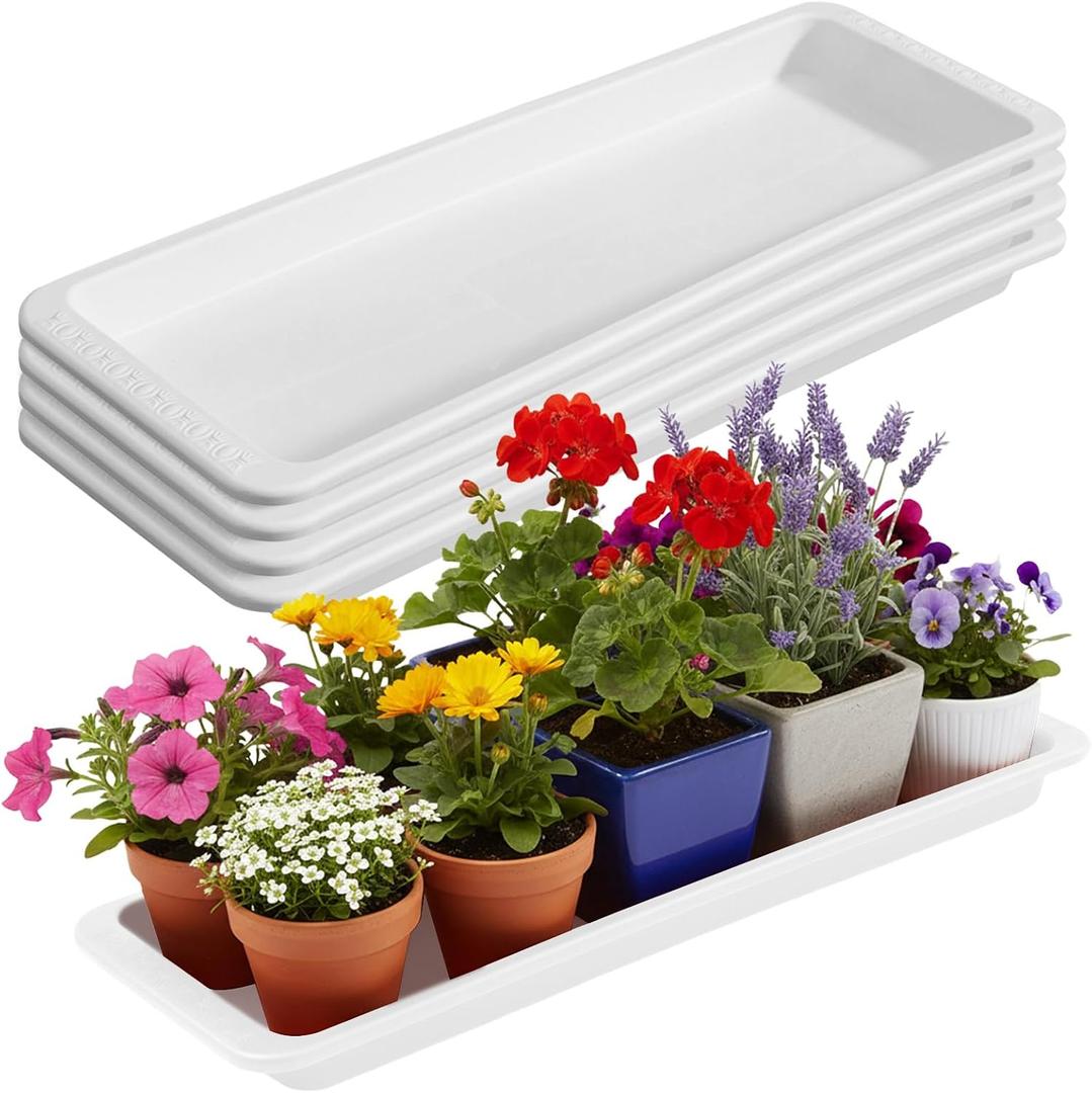 Cinnvoice 4 Pack White 24 x 8 x 1.6 Inch Rectangle Plant Saucer Large Plastic Plant Tray Water Drip Trays for Windowsill Flower Pot Planter Drainage Germination Garden Indoor Outdoor Use