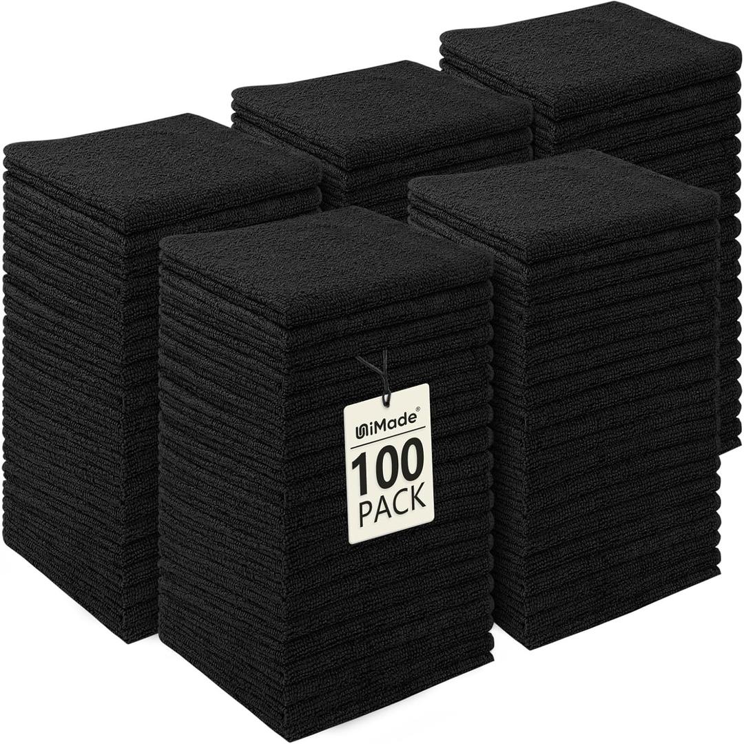 UNIMADE Washcloths Bulk - 100 Pack - Face Towels (12" x 12"), Highly Soft Wash Cloths and Hand Towels, Fast Drying Multi-Purpose Microfiber Cleansing Cloths for Bathroom, Hotel, Spa, and Salon - Black