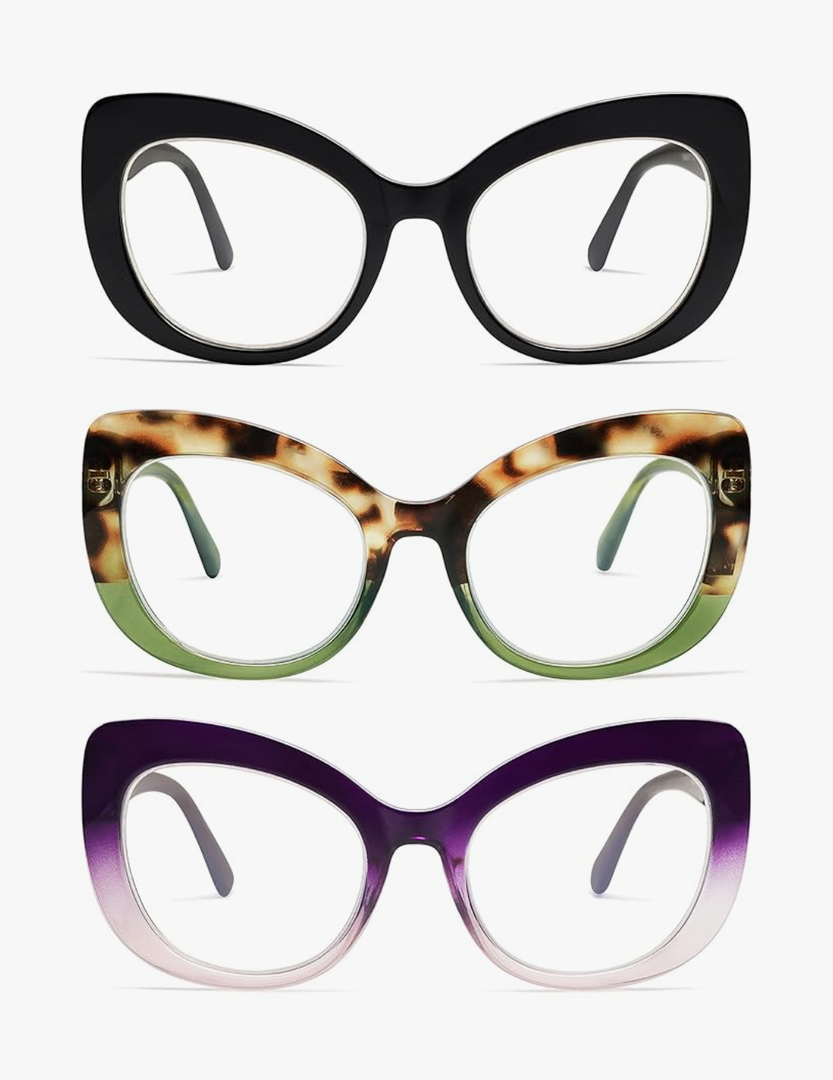 AMOMOMA 3 Pack Stylish Oversized Cat Eye Reading Glasses for Women Fashion Readers Blue Light Square Computer Glases AM6077 +1,75