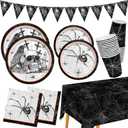 Spider Webs Halloween Party Supplies - Featuring Skull & Spider Themes, All-inclusive Wicked Web Paper Plates, Napkins, Cups, Tablecloth, and Banner. Ideal for Halloween Party Decorations, Serve 25 .