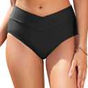 Women V Cut Full Coverage Bikini Bottom - High Waist Swim Bathing Suit Bottoms Cross V Front Swimsuit (Large, Black)
