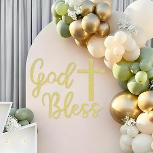 God Bless Cross Sign for Backdrop - Glitter Gold Felt Cross God Bless Baptism Party Backdrop for Boys Girls Baby Shower First Communion Confirmation Bautizo Decorations