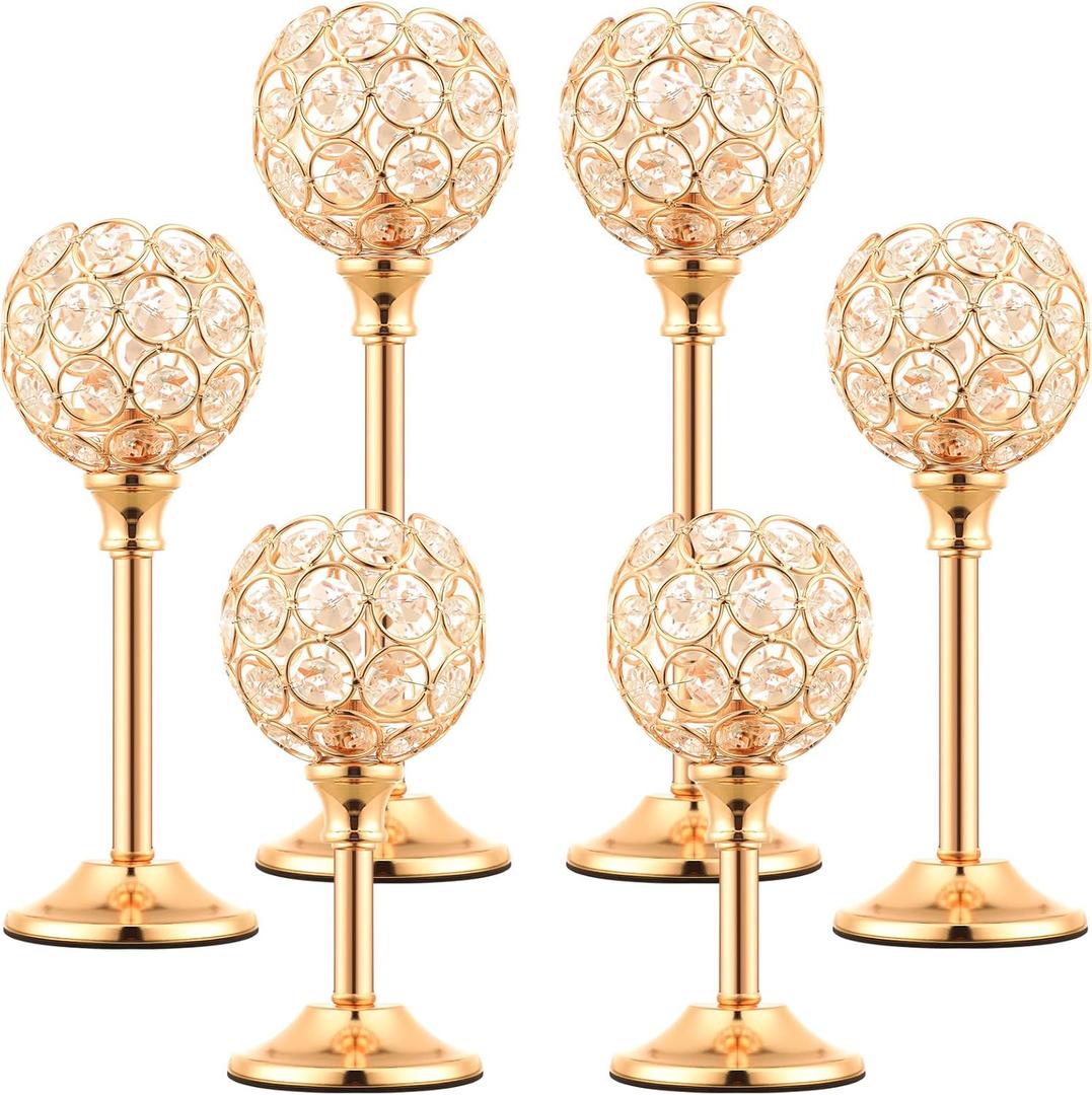 6 Pcs Crystal Candle Holder 3 Sizes Candle Holders for Wedding Table Centerpiece, Table Decor, Candlestick Holder for Fireplace Candelabra, Home Living Room Decor(Gold)