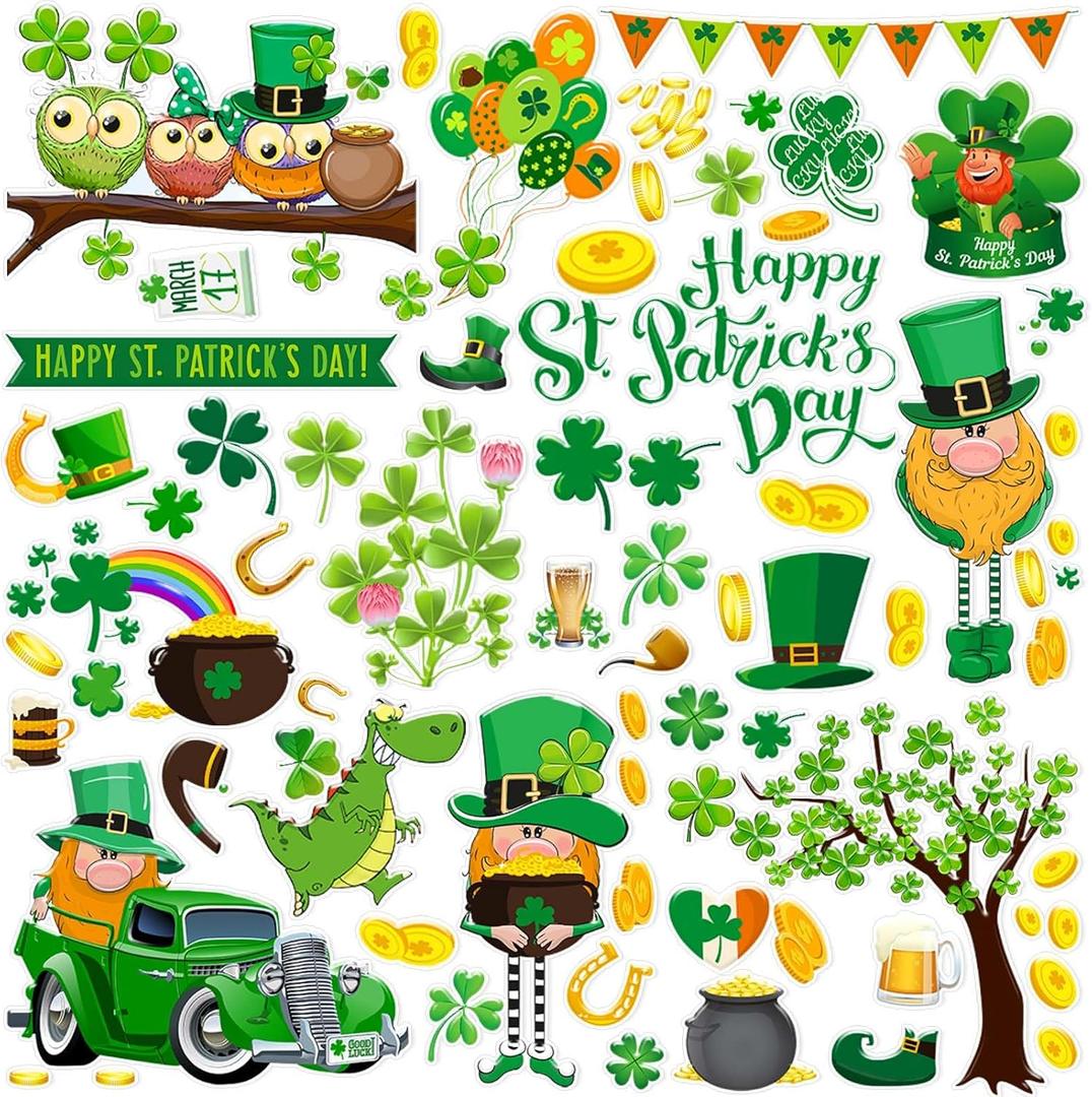 Cholemy 108 Pcs St Patrick's Day Window Gel Clings Green Shamrocks Thick Gel Clings Removable Reusable Irish Gnome Clover Window Stickers Decals for Glass Home Classroom St Patricks Day Party Decor