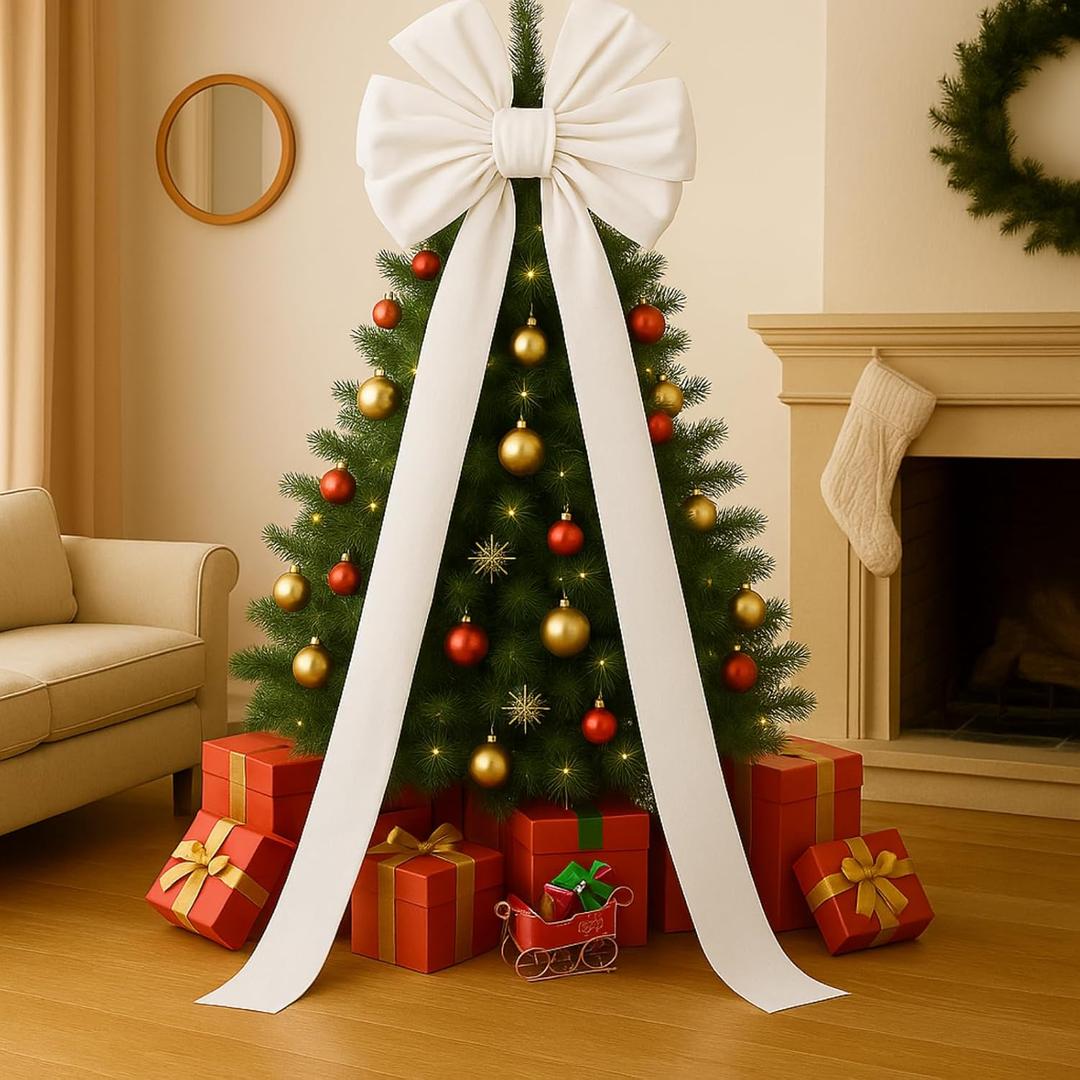 Hungdao Extra Large Christmas Tree Topper Bows 70.9 x 19.7 Inch Giant Oversized Huge Christmas Velvet Decorative Bows with Long Streamers for Tree Front Door Patio Outdoor Decor(Classic,White)