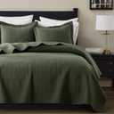 WDCOZY 100% Cotton King Size Quilt Set - Olive Green Box Pick Stitch Soft Lightweight Bedspread, Textured Like Linen, Farmhouse Country Rustic Coverlet, Shabby Chic Gauze Bedding, 3 Pieces