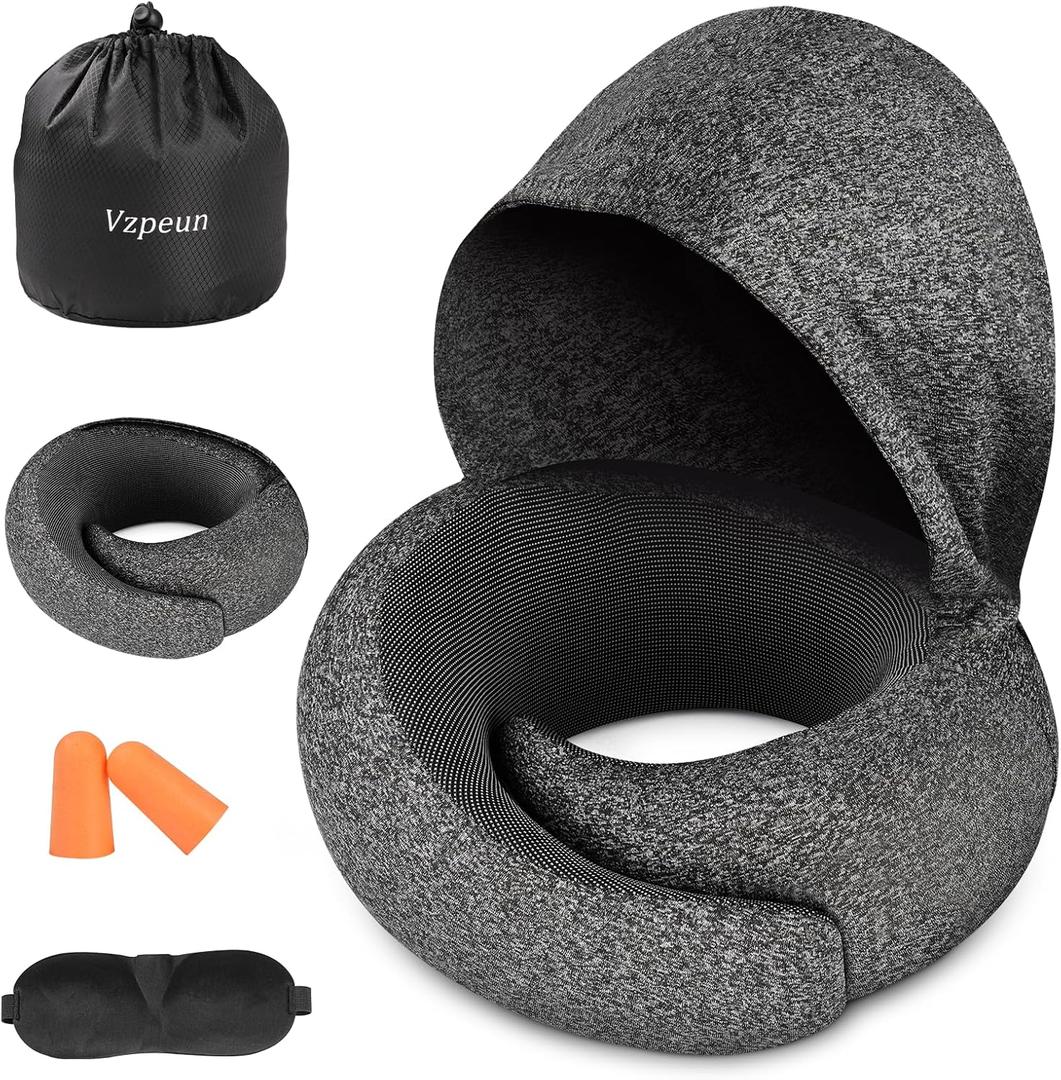 Travel Pillow - Hooded Neck Pillow Airplane Memory Foam Filling for Plane, Office, Cars Sleeping, Road Trip, Long Flights, Portable Plane Accessories, Includes Eye Mask & Earplugs (Dark Gray)
