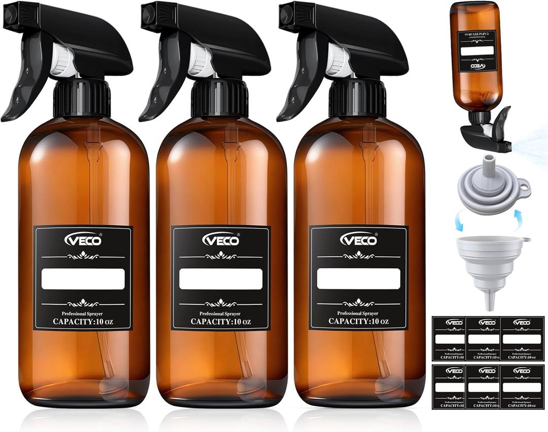 Veco 10oz Spray Bottle with Adjustable Nozzle, 360 Water Spray Bottles for Cleaning Solution, Plastic Spray Bottles for Hair Cooking Plant Pet, No Leak and Clog (3 Pack & Foldable Funnel), Brown