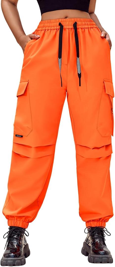 Baggy Cargo Pants Women High Waisted Parachute Pants Lightweight Hiking Joggers Streetwear with Pockets (Orange, XXL)