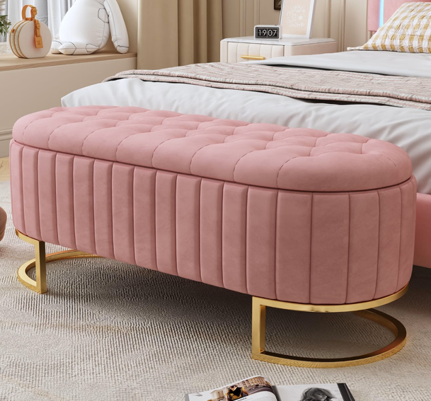 Pink Velvet Storage Ottoman with Button Tufting, Metal Legs 