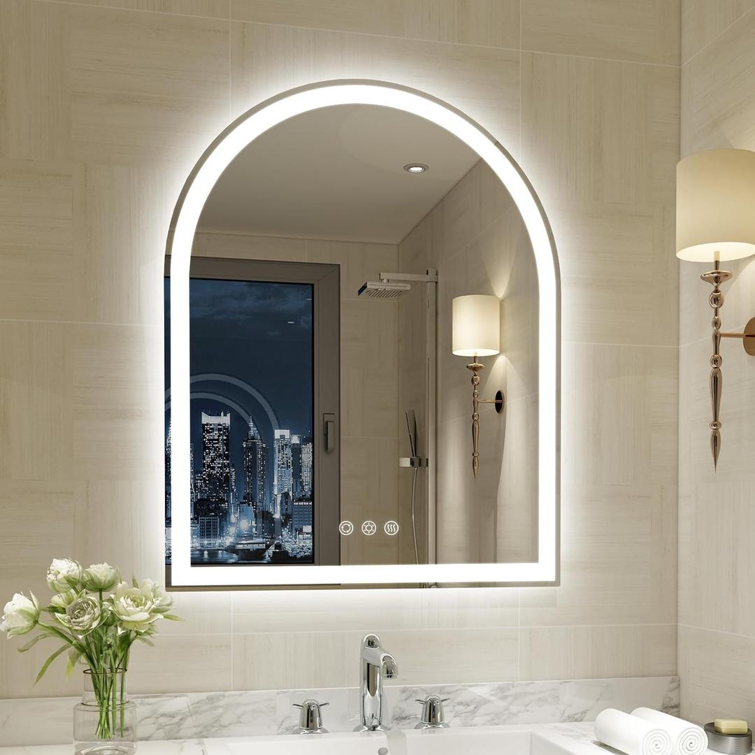 Arched LED Mirror for Bathroom 24 x 30 Inch, Frameless LED Bathroom Mirror with Lights, Fogless, Dimmable, 3 Color Changing, Shatterproof, Touch Sensor