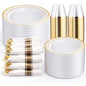WELLIFE 350Pcs White and Gold Plastic Plates for 50 Guests - Plastic Dinnerware Set, Includes 100 Gold Plates,150 Silverware,50 Napkins,50 Cups for Party,Disposable Plates for Party
