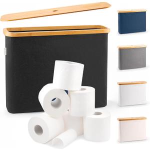 LONBET Toilet Paper Storage for 12 Rolls, Stackable & Foldable - The Ultimate Bathroom Organizer - Waterproof Basket with Bamboo Lid - Elegant Toilet Paper Storage Holder, Black