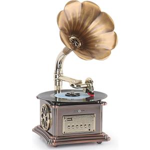 Asommet Gramophone Record Player Retro Turntable All in One Vintage Phonograph Nostalgic for LP with Copper Horn, Built-in Speaker 3.5mm Aux-in/ USB/ FM Radio Size:13.5in