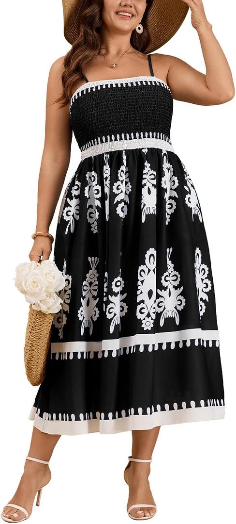 CICIDUDU Plus Size Spaghetti Strap Summer Boho Floral Dress Beach Sleeveless Sundress Smocked Maxi Dress with Pockets 2026 (Black, XXL)