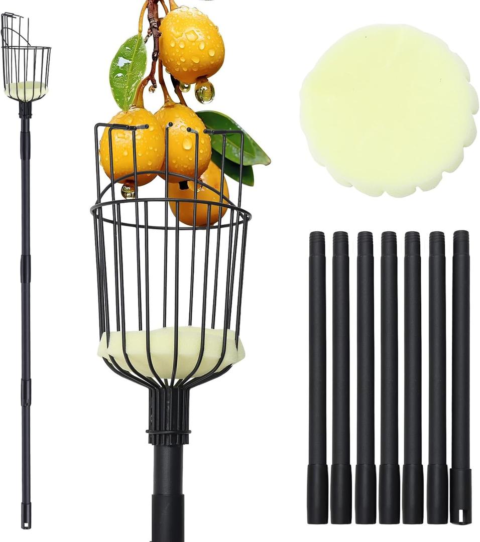 Fruit Picker Pole with Basket - 8.43FT(257CM) Adjustable Tree Gardening Supplies with Stainless Steel Handle Apple Picker Fruit Grabber Reach Tool for Mango Pear Orange Avocados Fruit Picking, Black