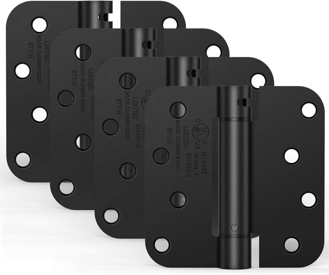 4 Pack Self Closing Door Hinges, 4 Inch Spring Loaded Door Hinges, Adjustable Tension with 5/8'' Radius Corners, for Garage, Front, Back Doors, Left and Right Hand, UL Listed, Gloss Black 4 Pack Self Closing Door Hinges, 4 Inch Spring Loaded Door Hinges, Adjustable Tension with 5/8'' Radius Corners, for Garage, Front, Back Doors, Left and Right Hand, UL Listed, Gloss Black