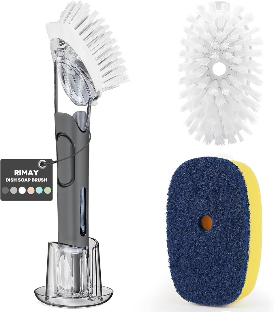RIMAY Dish Brush with Soap Dispenser Storage Set with 2 PCS Brush Refills & Holder, Dish Scrubber with Soap Dispenser, Dish Soap Brush, Dish Wand with Soap Dispenser for Dishes, Pans, Sink, Pots