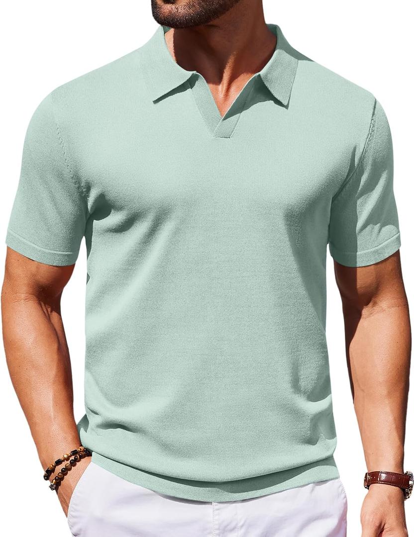 COOFANDY Men's V Neck Short Sleeve Stretch Knit Polo Shirt, Large