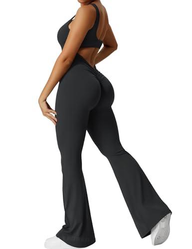 YEOREO Women Sleeveless Flare Jumpsuits Sexy Backless Gym Bodycon Scrunch Butt Yoga Rompers V Back Lizvette Black Medium