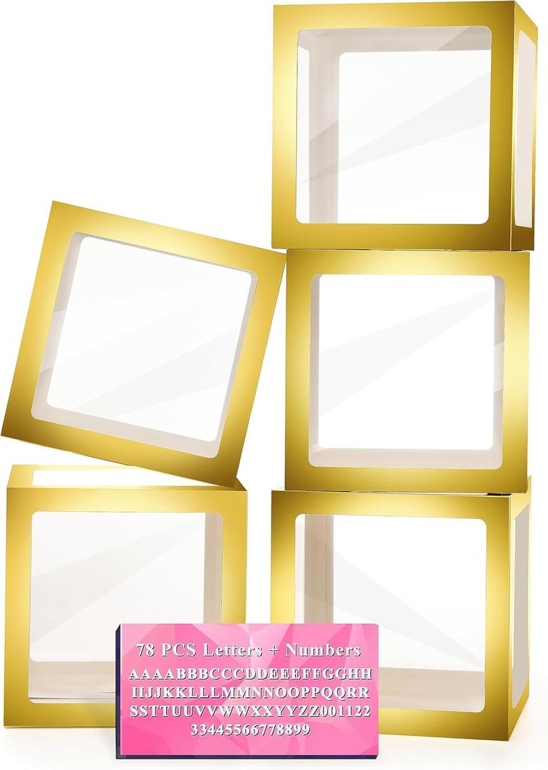 Baby Boxes with Letters for Baby Shower, 5 Clear Balloon Boxes with 78 Letters & Numbers, Name Blocks for Bridal Shower Gender Reveal Decorations Birthday Wedding Party Grad Backdrop, Gold