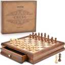 AMEROUS 12.8" x 12.8" Magnetic Wooden Chess Set with 2 Built-in Storage Drawers - 2 Bonus Extra Queens - Gift Packaging - Staunton Chess Pieces, Board Games Chess Sets for Adults and Kids