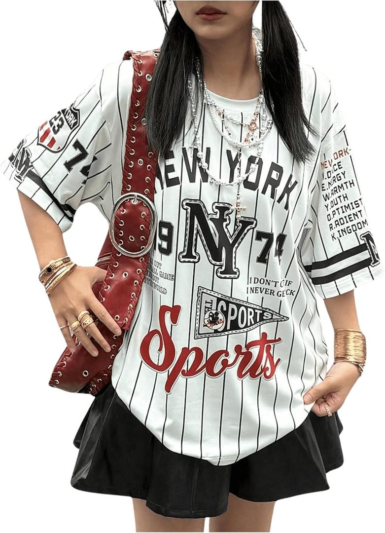 Women's Y2k Letter Print Short Sleeve Tee Shirts Striped Crewneck Drop Shoulder Loose T Shirts