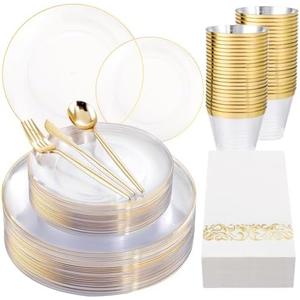 MirthMood 210Pcs Clear and Gold Plates for 30 Guests, Plastic Plates for Party, Includes:30 Dinner, 30 Dessert, 30 Paper Towels with 90 Silverware & 30 Cups