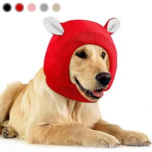 Frienda Dog Ear Muffs Noise Protection, Neck 14.96 Inch Fits Medium Dogs, Knitted Calming Hood for Dogs, Fireworks Thunder Anxiety Relief, Fleece Inner Warm Beanie Hat(Red)