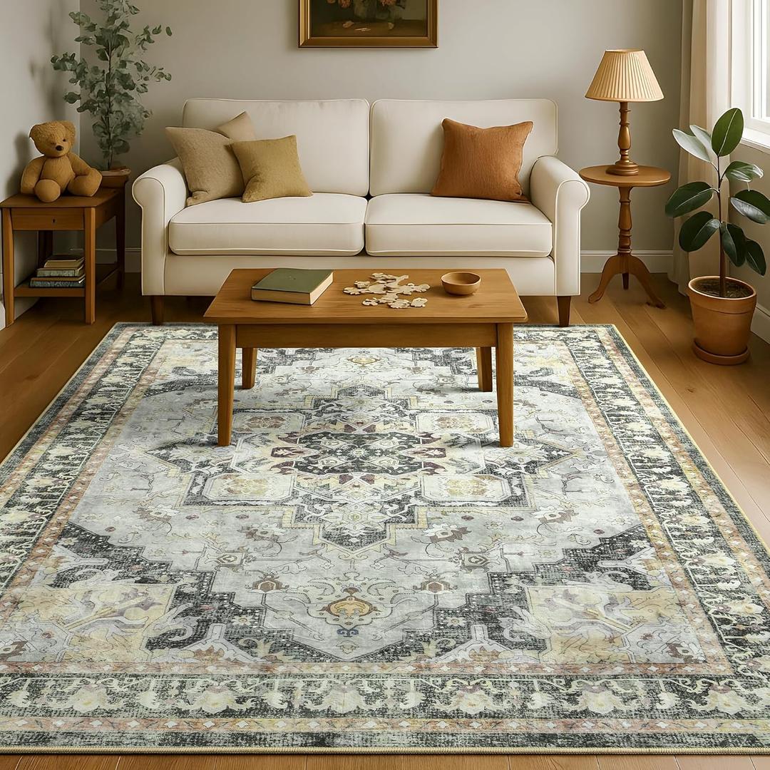 Area Rugs 4x6 Washable Rug for Living Room,Vintage Faux Wool Non Slip Low Pile Rug for Bedroom,Dining Room,Home Office Decor Coffee Table Carpet (Green, 4x6)