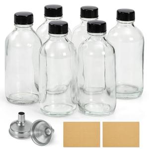 6 Pack, 4 oz Small Clear Glass Bottles with Lids & 2 Stainless Steel Funnels - 120ml Boston Sample Bottle for Potion, Juice, Wellness, Ginger Shots, Whiskey, Liquids - Mini Travel Essential Bottles
