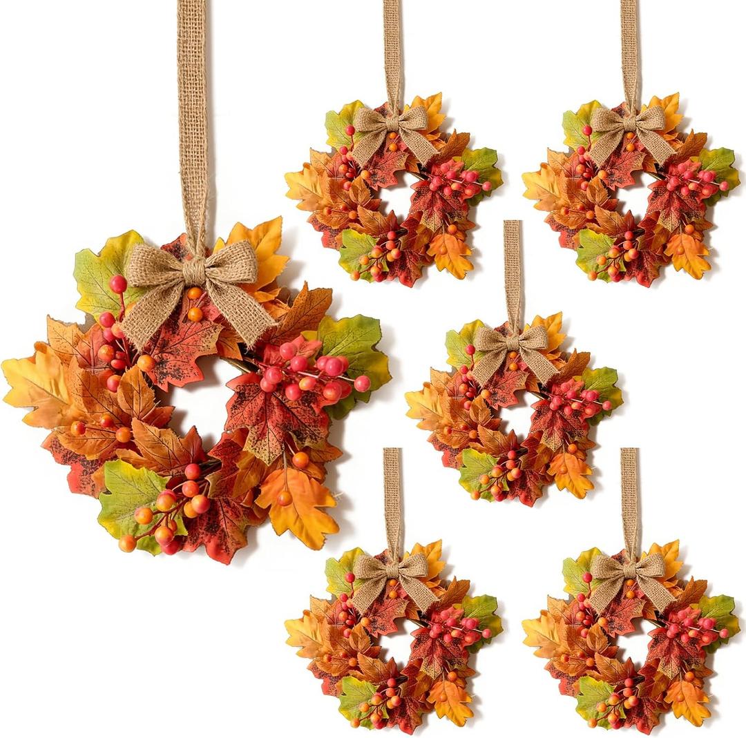 6 Pcs Small Fall Hanging Wreaths with Artificial Autumn Maple Oak Leaves Red Orange Berry Clusters Mini Cabinet Wreath for Home Table Centerpieces Kitchen Farmhouse Thanksgiving Party Decor