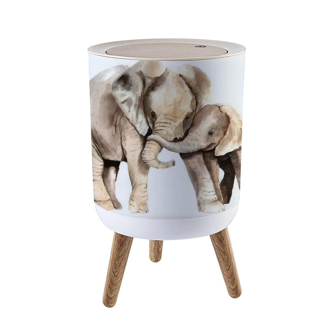 Small Trash Can with Lid Watercolor Animals African Elephant with a Kid Sketch Garbage Bin Wood Waste Bin Press Cover Round Wastebasket for Bathroom Bedroom Kitchen 7L/1.8 Gallon