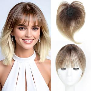 Hair Topper with Bangs Clip, 360 3D Cover Hair Toppers for Women with Thinning Hairs, 10 Inch Straight Clip in Bangs Hairs Piece for Women Daily Wear (Ombre Mix Blonde with Dark Root to Blonde)