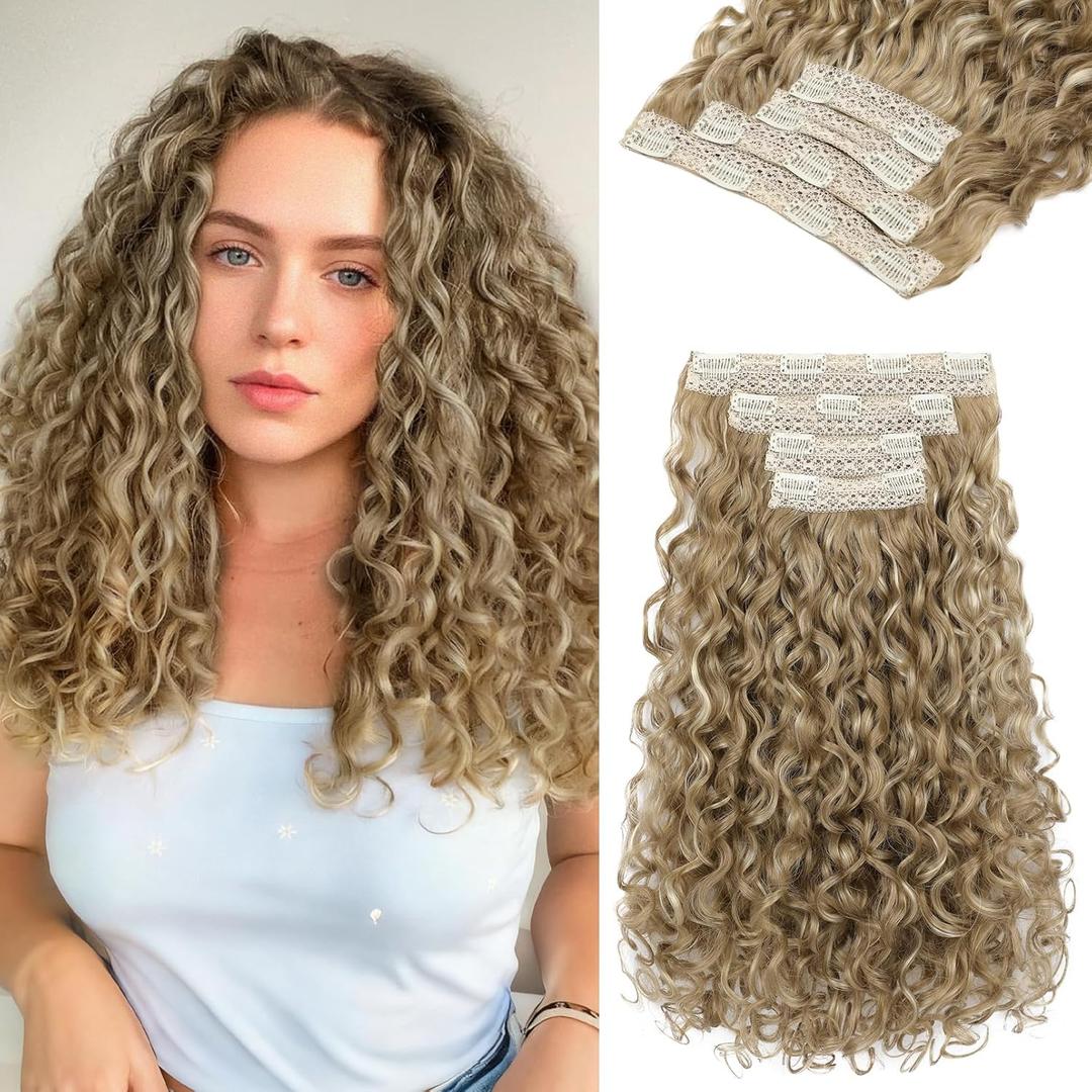 REECHO Curly Hair Extensions - 4PCS 14" GoGo Curly Clip in Hair Extensions 100% Super Protein Hairpieces with Invisible Lace Weft Silky Soft Natural Look for Women - Honey Blonde with Highlights
