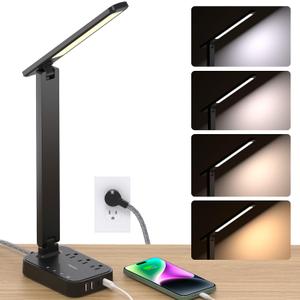 Addtam LED Desk Lamp, Power Strip with 3 Outlets 4 USB Charging Ports(2 USBC), 4 Modes 5 Level Brightness Touch Lamp, Small Desk Lamp for Home Office College Dorm Room Essentials (5 FT, Black)