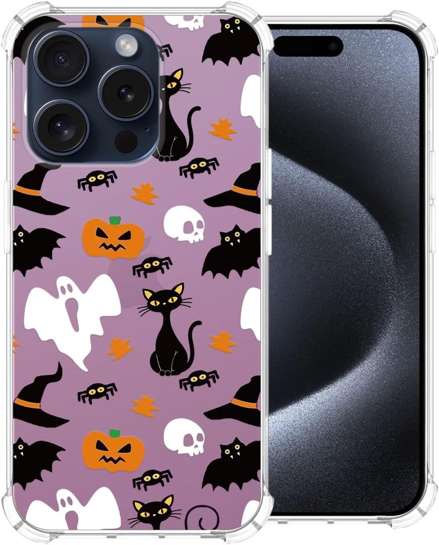 3 x Halloween Phone Case for iPhone 15 Pro, Pink Cartoon Ghost Pattern Cute Slim Fit Rubber Bumper Protective Shockproof Cover Case for iPhone 15 Pro 6.1 Inch
