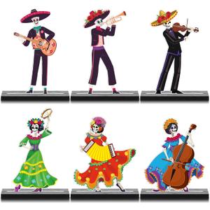 Roowest 6 Pcs Day of The Dead Table Decorations Mexican Dia De Los Muertos Altar Wooden Centerpiece Dancing Couple Sugar Skull Decor Day of The Dead Mexico Tabletop Detachable Sign for Halloween Party