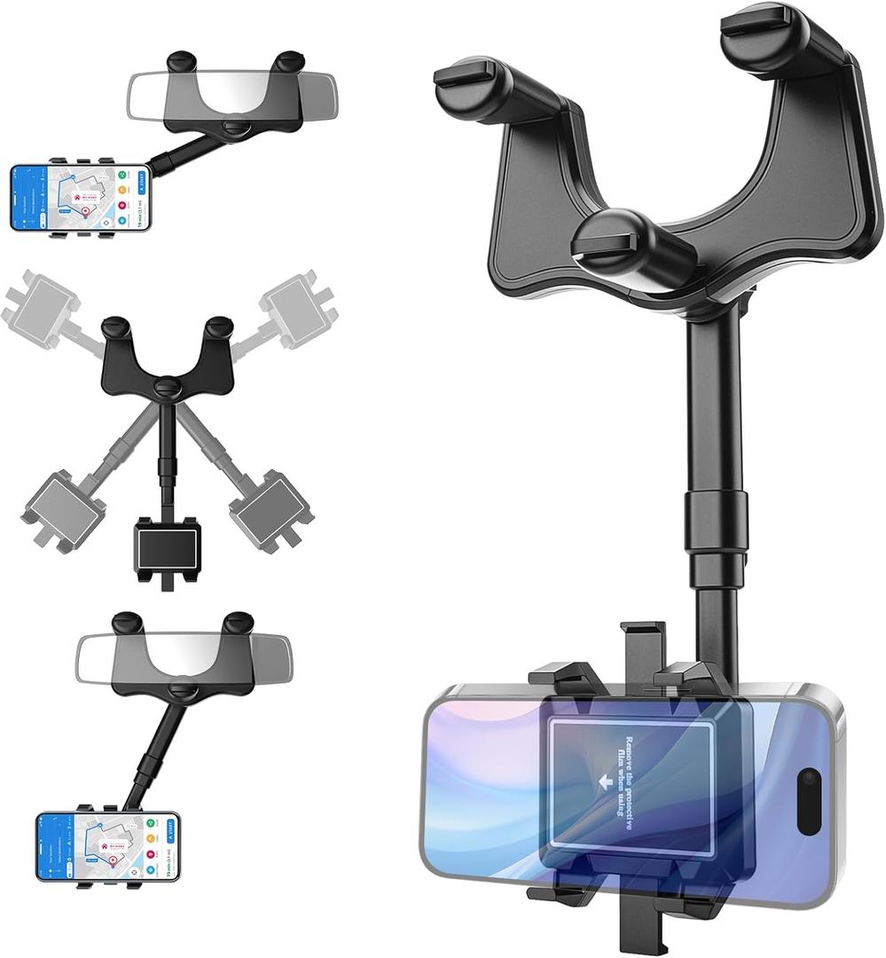 Car Rear View Mirror Phone Holder, Phone Holders for Your Car with Adjustable Arm, 360 ° Rotating Cell Phone Car Mount, Three Corners Design Universal Car Phone Holder Compatible with All Phones