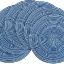 Floroom 15 Inch Round Braided Placemats Set of 6, Washable Heat Resistant Cotton Polyester Circle Place Mats for Kitchen Dining Table - Seascape Blue