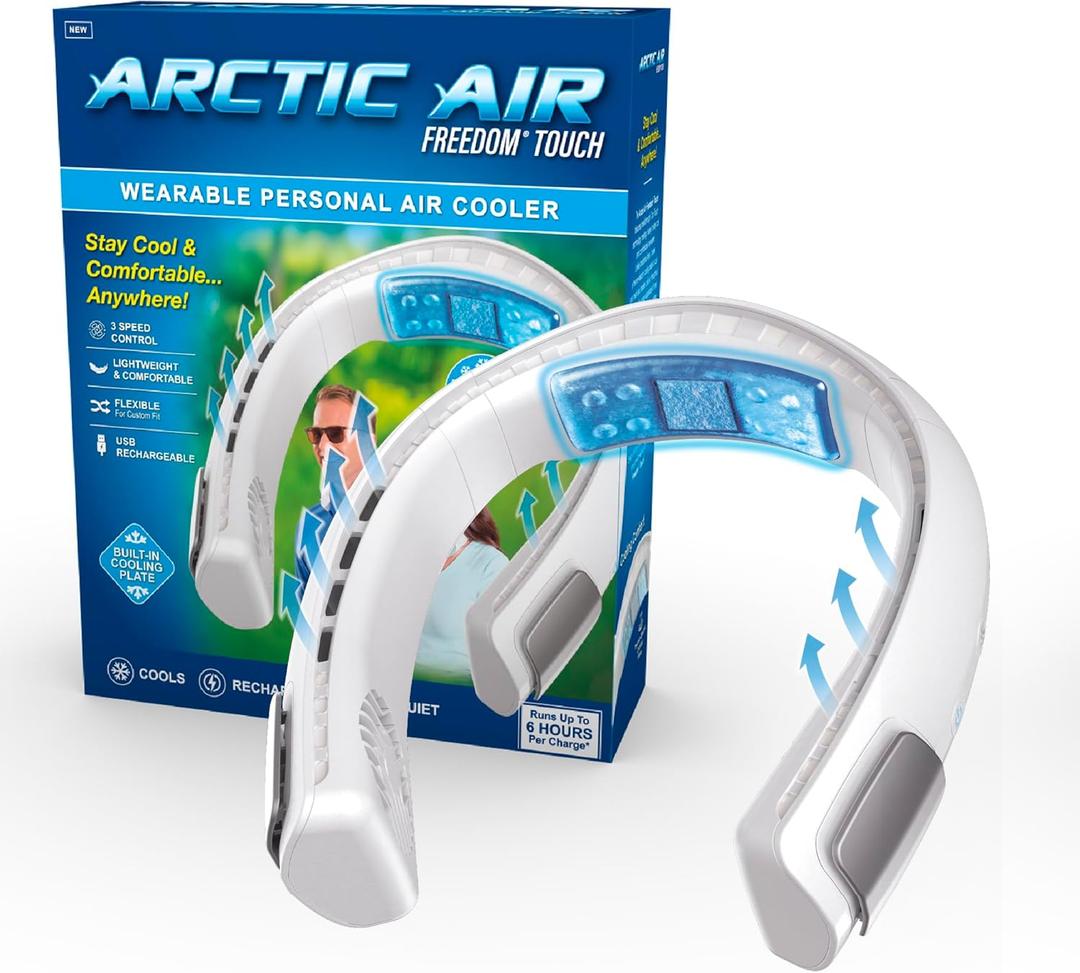 Arctic Air Freedom Touch Personal Neck Fan, 3-Speed Rechargeable Cooling Device, Long-lasting, Lightweight Portable Neck Cooler, Flexible Band & Thermo-Electric Cooling Plate for Hot Weather