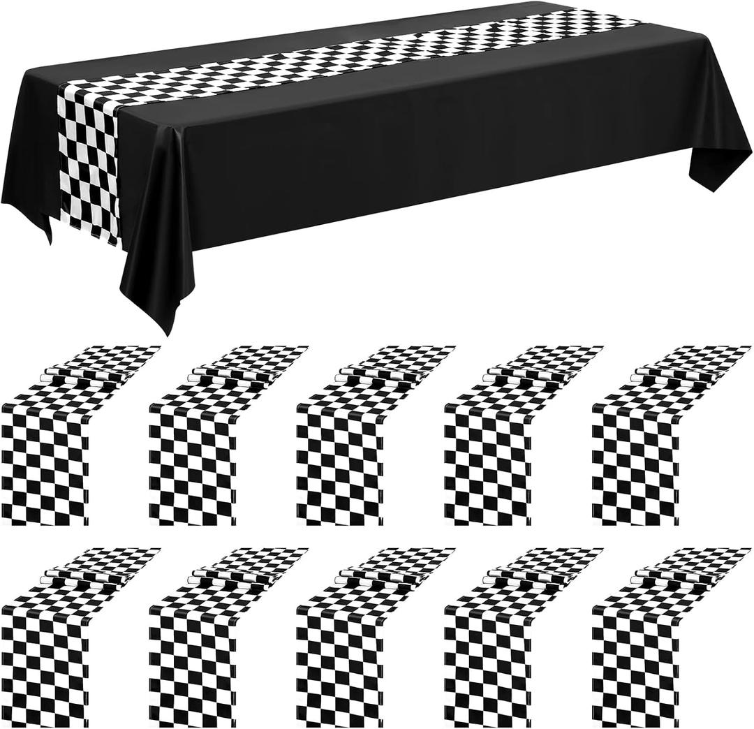 10 Pack Checkered Table Runner Polyester Table Decor Classic Black and White Checkerboard Table Runner for Indoor Outdoor Wedding, Birthday Parties, Fit Rectange and Round Table(12 x 108 Inch)