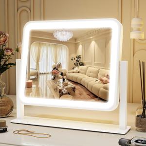 ROLOVE Vanity Mirror with Lights, 14"12" LED Makeup Mirror, Lighted Makeup Mirror with Lights, Smart Touch Control 3 Colors Dimmable, Lighted Up Mirror for Makeup Desk, Bedroom, Women Gift (White)