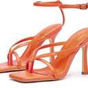 Elisabet Tang Womens Square Toe Heeled Sandals,4.3 inch Square Toe Thong Strappy Ankle Strap Stiletto Heel Sandals Wedding Dress Party Shoes Orange Size 7